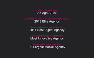 4 times in the last 5 years.
Ad Age A-List
As voted by our peers in the UK’s Drum Digital Census.
2013 Elite Agency
Named by Haymarket Media’s ‘The Hub’
2014 Best Digital Agency
According to both Digiday and Mashable
Most Innovative Agency
Recognized for mobile by Ad Age.
3rd Largest Mobile Agency
 