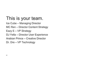 91
This is your team.
Ice Cube – Managing Director
MC Ren – Director Content Strategy
Eazy E – VP Strategy
DJ Yella – Director User Experience
Arabian Prince – Creative Director
Dr. Dre – VP Technology
 