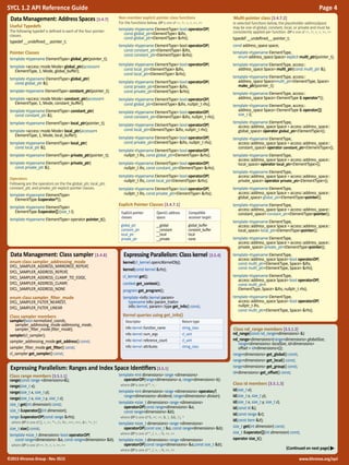 www.khronos.org/sycl©2015 Khronos Group - Rev. 0515
SYCL 1.2 API Reference Guide 	 Page 4	
Expressing Parallelism: Ranges and Index Space Identifiers[3.5.1]
Class range members [3.5.1.1]
range(const range <dimensions>&);
range(size_t x);
range(size_t x, size_t y);
range(size_t x, size_t y, size_t z);
size_t get(int dimension) const;
size_t &operator[](int dimension);
range &operatorOP(const range &rhs);
where OP is one of [], =, +=, *=, /=, %=, >>=, <<=, &=, ^=, |=
size_t size() const;
template <size_t dimensions> bool operatorOP(
const range<dimensions> &a, const range<dimensions> &b);
where OP is one of ==, !=, >, <, >=, <=
template <int dimensions> range <dimensions>
operatorOP(range<dimensions> a, range<dimensions> b);
where OP is one of *, +, -
template <int dimensions> range <dimensions> operator/(
range<dimensions> dividend, range<dimensions> divisor);
template <size_t dimensions> range <dimensions>
operatorOP(const range<dimensions> &a,
const range<dimensions> &b);
where OP is one of %, <<, >>, &, |, &&, ||, ^
template <size_t dimensions> range <dimensions>
operatorOP(const size_t &a, const range<dimensions> &b);
where OP is one of *, /, +, -, %, <<, >>
template <size_t dimensions> range <dimensions>
operatorOP(const range<dimensions> &a,const size_t &b);
where OP is one of *, /, +, -, %, <<, >>
Class nd_range members [3.5.1.2]
nd_range(const nd_range<dimensions> &)
nd_range<dimensions>(range<dimensions> globalSize,
range<dimensions> localSize, id<dimensions>
offset = id<dimensions>());
range<dimensions> get_global() const;
range<dimensions> get_local() const;
range<dimensions> get_group() const;
id<dimensions> get_offset() const;
Class id members [3.5.1.3]
id(size_t x);
id(size_t x, size_t y);
id(size_t x, size_t y, size_t z);
id(const id &);
id(const range &r);
id(const item &it);
size_t get(int dimension) const;
size_t &operator[](int dimension) const;
operator size_t();
(Continued on next page)
Data Management: Class sampler [3.4.8]
enum class sampler_addressing_mode
SYCL_SAMPLER_ADDRESS_MIRRORED_REPEAT,
SYCL_SAMPLER_ADDRESS_REPEAT,
SYCL_SAMPLER_ADDRESS_CLAMP_TO_EDGE,
SYCL_SAMPLER_ADDRESS_CLAMP,
SYCL_SAMPLER_ADDRESS_NONE
enum class sampler_filter_mode
SYCL_SAMPLER_FILTER_NEAREST,
SYCL_SAMPLER_FILTER_LINEAR
Class sampler members
sampler(bool normalized_coords,
sampler_addressing_mode addressing_mode,
sampler_filter_mode filter_mode);
sampler(cl_sampler);
sampler_addressing_mode get_address() const;
sampler_filter_mode get_filter() const;
cl_sampler get_sampler() const;
Expressing Parallelism: Class kernel [3.5.4]
kernel(cl_kernel openclKernelObj);
kernel(const kernel &rhs);
cl_kernel get();
context get_context();
program get_program();
template <info::kernel param>
typename info::param_traits<
info::kernel, param>::type get_info() const;
Kernel queries using get_info()
Descriptor Return type
info::kernel::function_name string_class
info::kernel::num_args cl_uint
info::kernel::reference_count cl_uint
info::kernel::attributes string_class
Data Management: Address Spaces [3.4.7]
Useful Typedefs
The following typedef is defined in each of the four pointer
classes.
typedef __undefined__ pointer_t;
Pointer Classes
template <typename ElementType> global_ptr(pointer_t);
template <access::mode Mode> global_ptr(accessor<
ElementType, 1, Mode, global_buffer);
template <typename ElementType> global_ptr(
const global_ptr &);
template <typename ElementType> constant_ptr(pointer_t);
template <access::mode Mode> constant_ptr(accessor<
ElementType, 1, Mode, constant_buffer);
template <typename ElementType> constant_ptr(
const constant_ptr &);
template <typename ElementType> local_ptr(pointer_t);
template <access::mode Mode> local_ptr(accessor<
ElementType, 1, Mode, local_buffer);
template <typename ElementType> local_ptr(
const local_ptr &);
template <typename ElementType> private_ptr(pointer_t);
template <typename ElementType> private_ptr(
const private_ptr &);
Operators
Following are the operators on the the global_ptr, local_ptr,
constant_ptr, and private_ptr explicit pointer classes.
template <typename ElementType>
ElementType &operator*();
template <typename ElementType>
ElementType &operator[] (size_t i);
template <typename ElementType> operator pointer_t();
Non-member explicit pointer class functions
For the functions below, OP is one of ==, !=, <, >, >=, <=
template <typename ElementType> bool operatorOP(
const global_ptr<ElementType> &lhs,
const global_ptr<ElementType> &rhs);
template <typename ElementType> bool operatorOP(
const constant_ptr<ElementType> &lhs,
const constant_ptr<ElementType> &rhs);
template <typename ElementType> bool operatorOP(
const local_ptr<ElementType> &lhs,
const local_ptr<ElementType> &rhs);
template <typename ElementType> bool operatorOP(
const private_ptr<ElementType> &lhs,
const private_ptr<ElementType> &rhs);
template <typename ElementType> bool operatorOP(
const global_ptr<ElementType> &lhs, nullptr_t rhs);
template <typename ElementType> bool operatorOP(
const constant_ptr<ElementType> &lhs, nullptr_t rhs);
template <typename ElementType> bool operatorOP(
const local_ptr<ElementType> &lhs, nullptr_t rhs);
template <typename ElementType> bool operatorOP(
const private_ptr<ElementType> &lhs, nullptr_t rhs);
template <typename ElementType> bool operatorOP(
nullptr_t lhs, const global_ptr<ElementType> &rhs);
template <typename ElementType> bool operatorOP(
nullptr_t lhs, const constant_ptr<ElementType> &rhs);
template <typename ElementType> bool operatorOP(
nullptr_t lhs, const local_ptr<ElementType> &rhs);
template <typename ElementType> bool operatorOP(
nullptr_t lhs, const private_ptr<ElementType> &rhs);
Explicit Pointer Classes [3.4.7.1]
Explicit pointer
classes:
OpenCL address
space:
Compatible
accessor target:
global_ptr
constant_ptr
local_ptr
private_ptr
__global
__constant
__local
__private
global_buffer
constant_buffer
local
none
Multi-pointer class [3.4.7.2]
In selected functions below, the placeholder addressSpace
may be one of global, constant, local, or private and must be
consistently applied per function. OP is one of ==, !=, <, >, >=, <=
typedef __undefined__ pointer_t;
const address_space space;
template <typename ElementType,
enum address_space Space> explicit multi_ptr(pointer_t);
template <typename ElementType, access::
address_space Space> multi_ptr(const multi_ptr &);
template <typename ElementType, access::
address_space Space>multi_ptr<ElementType, Space>
make_ptr(pointer_t);
template <typename ElementType, access::
address_space Space> ElementType & operator*();
template <typename ElementType, access::
address_space Space> ElementType & operator[](
size_t i);
template <typename ElementType,
access::address_space Space = access::address_space::
global_space> operator global_ptr<ElementType>();
template <typename ElementType,
access::address_space Space = access::address_space::
constant_space> operator constant_ptr<ElementType>();
template <typename ElementType,
access::address_space Space = access::address_space::
local_space> operator local_ptr<ElementType>();
template <typename ElementType,
access::address_space Space = access::address_space::
private_space> operator private_ptr<ElementType>();
template <typename ElementType,
access::address_space Space = access::address_space::
global_space> global_ptr<ElementType>pointer();
template <typename ElementType,
access::address_space Space = access::address_space::
constant_space> constant_ptr<ElementType>pointer();
template <typename ElementType,
access::address_space Space = access::address_space::
local_space> local_ptr<ElementType>pointer();
template <typename ElementType,
access::address_space Space = access::address_space::
private_space> private_ptr<ElementType>pointer();
template <typename ElementType,
access::address_space Space> bool operatorOP(
const multi_ptr<ElementType, Space> &lhs,
const multi_ptr<ElementType, Space> &rhs);
template <typename ElementType,
access::address_space Space> bool operatorOP(
const multi_ptr<
ElementType, Space> &lhs, nullptr_t rhs);
template <typename ElementType,
access::address_space Space> bool operatorOP(
nullptr_t lhs,
const multi_ptr<ElementType, Space> &rhs);
 