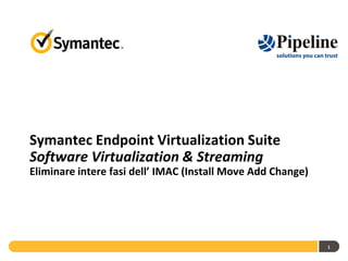 Symantec Endpoint Virtualization Suite
Software Virtualization & Streaming
Eliminare intere fasi dell’ IMAC (Install Move Add Change)




                                                             1
 