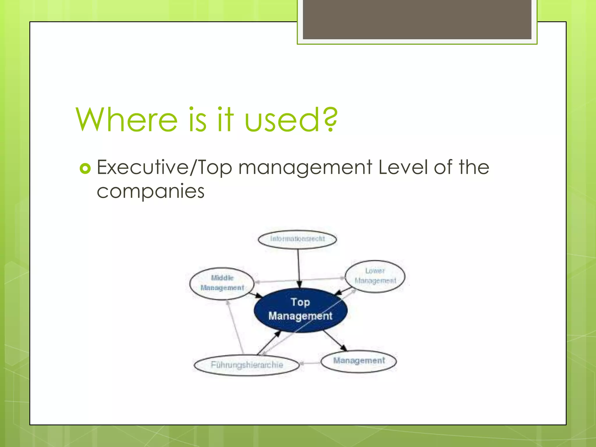 Where is it used?
 Executive/Top management Level of the
companies
 