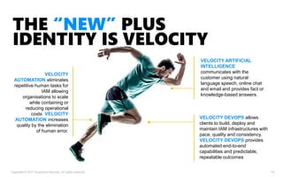 14
VELOCITY DEVOPS allows
clients to build, deploy and
maintain IAM infrastructures with
pace, quality and consistency.
VELOCITY DEVOPS provides
automated end-to-end
capabilities and predictable,
repeatable outcomes
VELOCITY
AUTOMATION eliminates
repetitive human tasks for
IAM allowing
organisations to scale
while containing or
reducing operational
costs. VELOCITY
AUTOMATION increases
quality by the elimination
of human error.
VELOCITY ARTIFICIAL
INTELLIGENCE
communicates with the
customer using natural
language speech, online chat
and email and provides fact or
knowledge-based answers.
THE “NEW” PLUS
IDENTITY IS VELOCITY
Copyright © 2017 Accenture Security. All rights reserved.
 