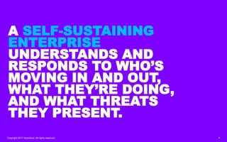 Copyright 2017 Accenture. All rights reserved. 4
A SELF-SUSTAINING
ENTERPRISE
UNDERSTANDS AND
RESPONDS TO WHO’S
MOVING IN AND OUT,
WHAT THEY’RE DOING,
AND WHAT THREATS
THEY PRESENT.
 