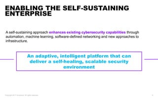A self-sustaining approach enhances existing cybersecurity capabilities through
automation, machine learning, software-defined networking and new approaches to
infrastructure.
ENABLING THE SELF-SUSTAINING
ENTERPRISE
Copyright 2017 Accenture. All rights reserved. 9
An adaptive, intelligent platform that can
deliver a self-healing, scalable security
environment
 