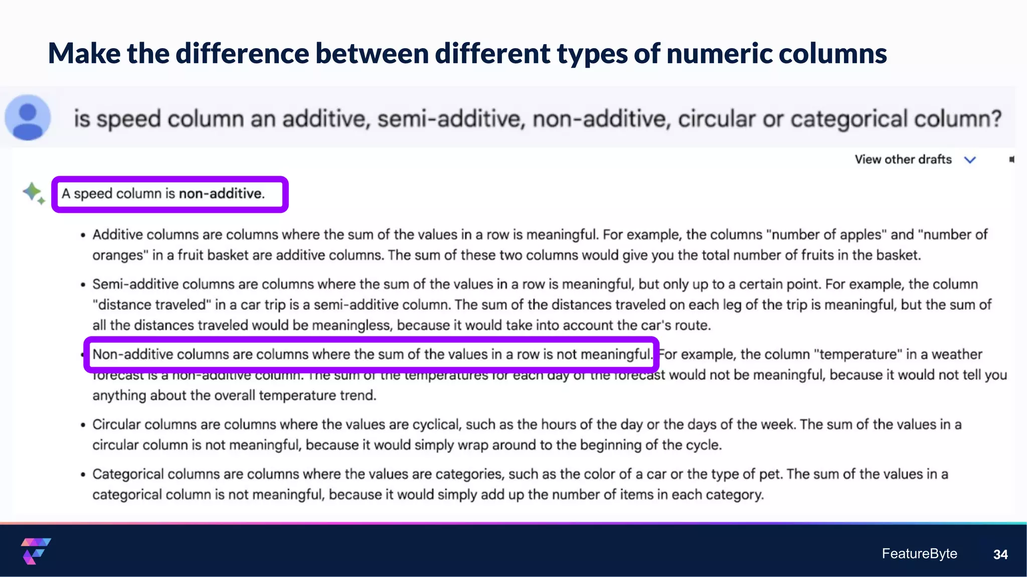 FeatureByte
Make the difference between different types of numeric columns
34
 
