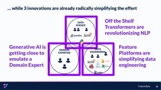 FeatureByte
… while 3 innovations are already radically simplifying the effort
16
DOMAIN
EXPERTISE
DATA
ENGINEERING
DATA
SCIENCE
Generative AI is
getting close to
emulate a
Domain Expert
Feature
Platforms are
simplifying data
engineering
Off the Shelf
Transformers are
revolutionizing NLP
 