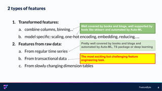 FeatureByte
2 types of features
6
1. Transformed features:
a. combine columns, binning…
b. model speciﬁc: scaling, one-hot encoding, embedding, reducing, …
2. Features from raw data:
a. From regular time series
b. From transactional data
c. From slowly changing dimension tables
Well covered by books and blogs, well supported by
tools like sklearn and automated by Auto-ML
Pretty well covered by books and blogs and
automated by Auto-ML, TS package or deep learning
The most exciting but challenging feature
engineering task.
 