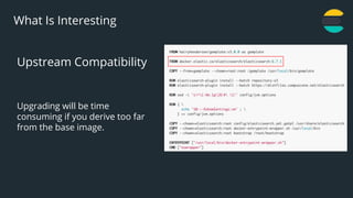 14
What Is Interesting
Upstream Compatibility
Upgrading will be time
consuming if you derive too far
from the base image.
 