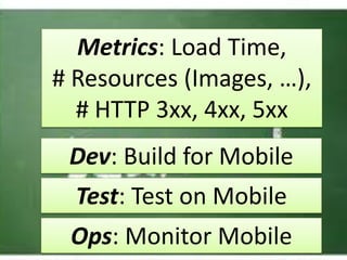 Metrics: Load Time,
# Resources (Images, …),
# HTTP 3xx, 4xx, 5xx
Dev: Build for Mobile
Test: Test on Mobile
Ops: Monitor Mobile
 