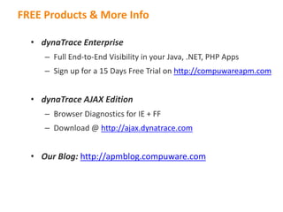 FREE Products & More Info
• dynaTrace Enterprise
– Full End-to-End Visibility in your Java, .NET, PHP Apps
– Sign up for a 15 Days Free Trial on http://compuwareapm.com
• dynaTrace AJAX Edition
– Browser Diagnostics for IE + FF
– Download @ http://ajax.dynatrace.com
• Our Blog: http://apmblog.compuware.com
 