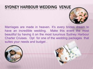 SYDNEY HARBOUR WEDDING VENUE



Marriages are made in heaven. It’s every brides dream to
have an incredible wedding. Make this event the most
beautiful by having it on the most luxurious Sydney Harbour
Charter Cruises. Opt for one of the wedding packages that
suites your needs and budget .
 