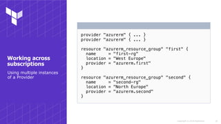 Copyright © 2018 HashiCorp
provider "azurerm" { ... }
provider "azurerm" { ... }
resource "azurerm_resource_group" "first" {
name = "first-rg"
location = "West Europe"
provider = "azurerm.first"
}
resource "azurerm_resource_group" "second" {
name = "second-rg"
location = "North Europe"
provider = "azurerm.second"
}
!19
Working across
subscriptions
Using multiple instances
of a Provider
 