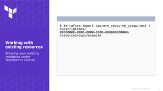 Copyright © 2018 HashiCorp
$ terraform import azurerm_resource_group.test /
subscriptions/
00000000-0000-0000-0000-000000000000/
resourceGroups/example
!25
Bringing your existing
resources under
Terraform's control
Working with
existing resources
 