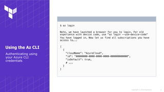 Copyright © 2018 HashiCorp
$ az login
Note, we have launched a browser for you to login. For old
experience with device code, use "az login --use-device-code"
You have logged in. Now let us find all subscriptions you have
access to...
[
{
"cloudName": "AzureCloud",
"id": "00000000-0000-0000-0000-000000000000",
"isDefault": true,
# ...
}
]
!6
Using the Az CLI
Authenticating using
your Azure CLI
credentials
 