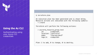 Copyright © 2018 HashiCorp
$ terraform plan
An execution plan has been generated and is shown below.
Resource actions are indicated with the following symbols:
+ create
Terraform will perform the following actions:
+ azurerm_resource_group.test
id: <computed>
location: "centralus"
name: "tharvey-dev3"
tags.%: <computed>
Plan: 1 to add, 0 to change, 0 to destroy.
!7
Using the Az CLI
Authenticating using
your Azure CLI
credentials
 