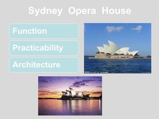 Sydney Opera House
Function
Practicability
Architecture
 