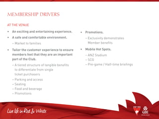 AT THE VENUE
•	 An exciting and entertaining experience.
•	A safe and comfortable environment.
	 – Market to families
•	Tailor the customer experience to ensure
members feel that they are an important
part of the Club.
	 – A tiered structure of tangible benefits
to differentiate from single
ticket purchasers
	 – Parking and access
	 – Seating
	 – Food and beverage
	 – Promotions
•	 Promotions.
	 – Exclusivity demonstrates
Member benefits
•	 Mobile Hot Spots.
	 – ANZ Stadium
	 – SCG
	 – Pre-game / Half-time briefings
MEMBERSHIP DRIVERS
 