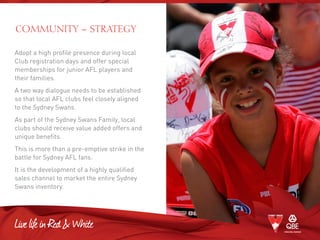 COMMUNITY – STRATEGY
Adopt a high profile presence during local
Club registration days and offer special
memberships for junior AFL players and
their families.
A two way dialogue needs to be established
so that local AFL clubs feel closely aligned
to the Sydney Swans.
As part of the Sydney Swans Family, local
clubs should receive value added offers and
unique benefits.
This is more than a pre-emptive strike in the
battle for Sydney AFL fans.
It is the development of a highly qualified
sales channel to market the entire Sydney
Swans inventory.
 