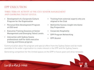 •	Development of a Corporate Culture
Program for the Organisation
•	Personal Elite Development Program
at CEO level
•	Executive Training Sessions at Senior
Management and Emerging Talent Levels
•	Interaction with Sydney Swans
professional staff for both executive
training and fitness program
•	Training from external experts who are
aligned to the Club
•	Behind the Scenes insight into Game
Day Preparation
•	 Corporate Hospitality
•	 EPP Program Networking
•	 EPP Alumni
EPP EXECUTION
Three tiers of activity at the CEO, Senior Management
and Emerging Talent levels.
Communication about the program and special offers from the Sydney Swans will be made
available to the wider organisation to create interest in the EPP and the Sydney Swans.
Generating competition for the limited spaces on the EPP in future years will drive renewals.
 