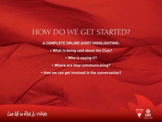HOW DO WE GET STARTED?
A COMPLETE ONLINE AUDIT HIGHLIGHTING:
• What is being said about the Club?
• Who is saying it?
• Where are they communicating?
• How we can get involved in the conversation?
 