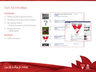 FAN NETWORKS
FACEBOOK
• 	 Almost 6,000 registered fans
•	No deep link to purchase tickets
•	No special offers
	 – Online Auctions and Swanshop
•	No promotions
	 – 2008 Raffle
MYSPACE
• 	 2670 mentions
 