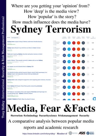 TonyRidley-InternationalSecurity&RiskManagementProfessional
https://www.linkedin.com/in/tonyridley/ Member of
Sydney Terrorism
Where are you getting your 'opinion' from?
#terrorism #criminology #securityscience #riskmanagement
Media, Fear &Facts
How 'deep' is the media view?
How 'popular' is the story?
How much influence does the media have?
#security
A comparative analysis between popular media
reports and academic research
 