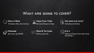 What are going to cover?
What is Redis
The basics. Who, what and why.
Magic Data Types
Not everything is a string!
How safe is my data?
Persistence is the key
Pipelining
Don’t wait.. go FASTER
Redis @ The Iconic
What we use it for
Q & A
Where you find out that I don’t know
everything. :/
 