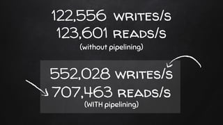 (without pipelining)
122,556 writes/s
123,601 reads/s
552,028 writes/s
(WITH pipelining)
707,463 reads/s
 