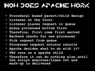 How does Apache work

•   Procedural based parent/child design
•   Listener at the front
•   Listener places request in qu...