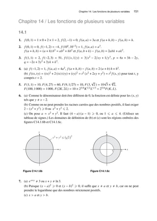 Chapitre 14 / Les fonctions de plusieurs variables 151
Chapitre 14 / Les fonctions de plusieurs variables
14.1
1. 𝑓 (0, 1) = 1 × 0 + 2 × 1 = 2, 𝑓 (2, −1) = 0, 𝑓 (𝑎, 𝑎) = 3𝑎 et 𝑓 (𝑎 + ℎ, 𝑏) − 𝑓 (𝑎, 𝑏) = ℎ.
2. 𝑓 (0, 1) = 0, 𝑓 (−1, 2) = −4, 𝑓 (104, 10−2) = 1, 𝑓 (𝑎, 𝑎) = 𝑎3.
𝑓 (𝑎 + ℎ, 𝑏) = (𝑎 + ℎ) 𝑏2 = 𝑎𝑏2 + ℎ𝑏2 et 𝑓 (𝑎, 𝑏 + 𝑘) − 𝑓 (𝑎, 𝑏) = 2𝑎𝑏𝑘 + 𝑎𝑘2.
3. 𝑓 (1, 1) = 2, 𝑓 (−2, 3) = 51, 𝑓 (1/𝑥, 1/𝑦) = 3/𝑥2 − 2/𝑥𝑦 + 1/𝑦3, 𝑝 = 6𝑥 + 3ℎ − 2𝑦,
𝑞 = −2𝑥 + 3𝑦2 + 3𝑦𝑘 + 𝑘2.
4. (a) 𝑓 (−1, 2) = 1, 𝑓 (𝑎, 𝑎) = 4𝑎2, 𝑓 (𝑎 + ℎ, 𝑏) − 𝑓 (𝑎, 𝑏) = 2 (𝑎 + 𝑏) ℎ + ℎ2.
(b) 𝑓 (𝑡𝑥, 𝑡𝑦) = (𝑡𝑥)2 + 2 (𝑡𝑥) (𝑡𝑦) + (𝑡𝑦)2 = 𝑡2 (𝑥2 + 2𝑥𝑦 + 𝑦2) = 𝑡2 𝑓 (𝑥, 𝑦) pour tout 𝑡, y
compris 𝑡 = 2.
5. 𝐹(1, 1) = 10, 𝐹(4, 27) = 60, 𝐹(9, 1/27) = 10, 𝐹(3,
√
2 ) = 10
√
3 ×
6
√
2,
𝐹(100, 1 000) = 1 000, 𝐹(2𝐾, 2𝐿) = 10 × 25/6𝐾1/2𝐿1/3 = 25/6𝐹(𝐾, 𝐿).
6. (a) Comme le dénominateur doit être différent de 0, la fonction est définie pour les (𝑥, 𝑦)
tels que 𝑦 ≠ 𝑥 − 2.
(b) Comme on ne peut prendre les racines carrées que des nombres positifs, il faut exiger
2 − (𝑥2 + 𝑦2) ⩾ 0 ou 𝑥2 + 𝑦2 ⩽ 2.
(c) On pose 𝑎 = 𝑥2 + 𝑦2. Il faut (4 − 𝑎) (𝑎 − 1) ⩾ 0, ou 1 ⩽ 𝑎 ⩽ 4. (Utilisez un
tableau de signes.) Les domaines de définition de (b) et (c) sont les régions ombrées des
figures C14.1.6b et C14.1.6c.
y
x
x2 + y2 ≤ √2
2
Figure C14.1.6b
y
x
1 2
Figure C14.1.6c
7. (a) 𝑒𝑥+𝑦 ≠ 3 ou 𝑥 + 𝑦 ≠ ln 3.
(b) Puisque (𝑥 − 𝑎)2 ⩾ 0 et (𝑦 − 𝑏)2 ⩾ 0, il suffit que 𝑥 ≠ 𝑎 et 𝑦 ≠ 𝑏, car on ne peut
prendre le logarithme que des nombres strictement positifs.
(c) 𝑥  𝑎 et 𝑦  𝑏.
 