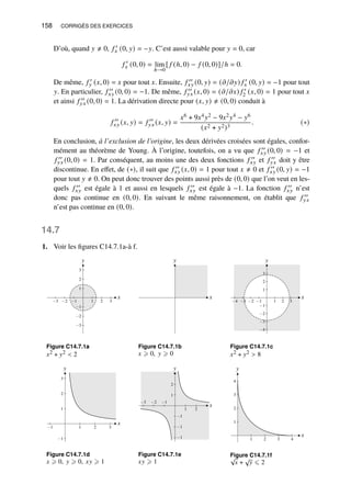 158 CORRIGÉS DES EXERCICES
D’où, quand 𝑦 ≠ 0, 𝑓 ′
𝑥 (0, 𝑦) = −𝑦. C’est aussi valable pour 𝑦 = 0, car
𝑓 ′
𝑥 (0, 0) = lim
ℎ→0
[ 𝑓 (ℎ, 0) − 𝑓 (0, 0)]/ℎ = 0.
De même, 𝑓 ′
𝑦 (𝑥, 0) = 𝑥 pour tout 𝑥. Ensuite, 𝑓 ′′
𝑥𝑦 (0, 𝑦) = (𝜕/𝜕𝑦) 𝑓 ′
𝑥 (0, 𝑦) = −1 pour tout
𝑦. En particulier, 𝑓 ′′
𝑥𝑦 (0, 0) = −1. De même, 𝑓 ′′
𝑦𝑥 (𝑥, 0) = (𝜕/𝜕𝑥) 𝑓 ′
2 (𝑥, 0) = 1 pour tout 𝑥
et ainsi 𝑓 ′′
𝑦𝑥 (0, 0) = 1. La dérivation directe pour (𝑥, 𝑦) ≠ (0, 0) conduit à
𝑓 ′′
𝑥𝑦 (𝑥, 𝑦) = 𝑓 ′′
𝑦𝑥 (𝑥, 𝑦) =
𝑥6 + 9𝑥4𝑦2 − 9𝑥2𝑦4 − 𝑦6
(𝑥2 + 𝑦2)3
. (∗)
En conclusion, à l’exclusion de l’origine, les deux dérivées croisées sont égales, confor-
mément au théorème de Young. À l’origine, toutefois, on a vu que 𝑓 ′′
𝑥𝑦 (0, 0) = −1 et
𝑓 ′′
𝑦𝑥 (0, 0) = 1. Par conséquent, au moins une des deux fonctions 𝑓 ′′
𝑥𝑦 et 𝑓 ′′
𝑦𝑥 doit y être
discontinue. En effet, de (∗), il suit que 𝑓 ′′
𝑥𝑦 (𝑥, 0) = 1 pour tout 𝑥 ≠ 0 et 𝑓 ′′
𝑥𝑦 (0, 𝑦) = −1
pour tout 𝑦 ≠ 0. On peut donc trouver des points aussi près de (0, 0) que l’on veut en les-
quels 𝑓 ′′
𝑥𝑦 est égale à 1 et aussi en lesquels 𝑓 ′′
𝑥𝑦 est égale à −1. La fonction 𝑓 ′′
𝑥𝑦 n’est
donc pas continue en (0, 0). En suivant le même raisonnement, on établit que 𝑓 ′′
𝑦𝑥
n’est pas continue en (0, 0).
14.7
1. Voir les figures C14.7.1a-à f.
−3 −2 −1 1 2 3
x
−3
−2
−1
1
2
3
y
Figure C14.7.1a
𝑥2 + 𝑦2  2
x
y
Figure C14.7.1b
𝑥 ⩾ 0, 𝑦 ⩾ 0
−4 −3 −2 −1 1 2 3
x
−4
−3
−2
−1
1
2
3
y
Figure C14.7.1c
𝑥2 + 𝑦2  8
−1 1 2 3
x
−1
1
2
3
y
Figure C14.7.1d
𝑥 ⩾ 0, 𝑦 ⩾ 0, 𝑥𝑦 ⩾ 1
−3 −2 −1
1 2
x
−1
−1
−1
1
2
y
Figure C14.7.1e
𝑥𝑦 ⩾ 1
1 2 3 4
x
1
2
3
4
y
Figure C14.7.1f
√
𝑥 +
√
𝑦 ⩽ 2
 