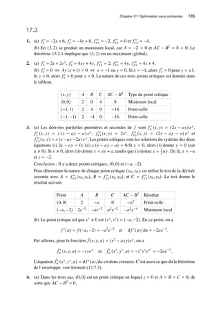 Chapitre 17 / Optimisation sans contraintes 185
17.3
1. (a) 𝑓 ′
𝑥 = −2𝑥 + 6, 𝑓 ′
𝑦 = −4𝑦 + 8, 𝑓 ′′
𝑥𝑥 = −2, 𝑓 ′′
𝑥𝑦 = 0 et 𝑓 ′′
𝑦𝑦 = −4.
(b) En (3, 2) se produit un maximum local, car 𝐴 = −2  0 et 𝐴𝐶 − 𝐵2 = 8  0. Le
théorème 13.2.1 implique que (3, 2) est un maximum (global).
2. (a) 𝑓 ′
𝑥 = 2𝑥 + 2𝑦2, 𝑓 ′
𝑦 = 4𝑥𝑦 + 4𝑦, 𝑓 ′′
𝑥𝑥 = 2, 𝑓 ′′
𝑥𝑦 = 4𝑦, 𝑓 ′′
𝑦𝑦 = 4𝑥 + 4.
(b) 𝑓 ′
𝑦 = 0 ⇔ 4𝑦 (𝑥 + 1) = 0 ⇔ 𝑥 = −1 ou 𝑦 = 0. Si 𝑥 = −1, alors 𝑓 ′
𝑥 = 0 pour 𝑦 = ±1.
Si 𝑦 = 0, alors 𝑓 ′
𝑥 = 0 pour 𝑥 = 0. La nature de ces trois points critiques est donnée dans
le tableau.
(𝑥, 𝑦) 𝐴 𝐵 𝐶 𝐴𝐶 − 𝐵2 Type de point critique
(0, 0) 2 0 4 8 Minimum local
(−1, 1) 2 4 0 −16 Point-selle
(−1, −1) 2 −4 0 −16 Point-selle
3. (a) Les dérivées partielles premières et secondes de 𝑓 sont 𝑓 ′
𝑥 (𝑥, 𝑦) = (2𝑥 − 𝑎𝑦) 𝑒𝑦,
𝑓 ′
𝑦 (𝑥, 𝑦) = 𝑥 (𝑥 − 𝑎𝑦 − 𝑎) 𝑒𝑦, 𝑓 ′′
𝑥𝑥 (𝑥, 𝑦) = 2𝑒𝑦, 𝑓 ′′
𝑥𝑦 (𝑥, 𝑦) = (2𝑥 − 𝑎𝑦 − 𝑎) 𝑒𝑦 et
𝑓 ′′
𝑦𝑦 (𝑥, 𝑦) = 𝑥 (𝑥 −𝑎𝑦 −2𝑎) 𝑒𝑦. Les points critiques sont les solutions du système des deux
équations (i) 2𝑥 − 𝑎𝑦 = 0; (ii) 𝑥 (𝑥 − 𝑎𝑦 − 𝑎) = 0.Si 𝑥 = 0, alors (i) donne 𝑦 = 0 (car
𝑎 ≠ 0). Si 𝑥 ≠ 0, alors (ii) donne 𝑥 = 𝑎𝑦 + 𝑎, tandis que (i) donne 𝑥 = 1
2 𝑎𝑦. De là, 𝑥 = −𝑎
et 𝑦 = −2.
Conclusion : Il y a deux points critiques, (0, 0) et (−𝑎, −2).
Pour déterminer la nature de chaque point critique (𝑥0, 𝑦0), on utilise le test de la dérivée
seconde avec 𝐴 = 𝑓 ′′
𝑥𝑥 (𝑥0, 𝑦0), 𝐵 = 𝑓 ′′
𝑥𝑦 (𝑥0, 𝑦0), et 𝐶 = 𝑓 ′′
𝑦𝑦 (𝑥0, 𝑦0). Le test donne le
résultat suivant.
Point 𝐴 𝐵 𝐶 𝐴𝐶 − 𝐵2 Résultat
(0, 0) 2 −𝑎 0 −𝑎2 Point-selle
(−𝑎, −2) 2𝑒−2 −𝑎𝑒−2 𝑎2𝑒−2 −𝑎2𝑒−4 Minimum local
(b) Le point critique tel que 𝑥∗ ≠ 0 est (𝑥∗, 𝑦∗) = (−𝑎, −2). En ce point, on a
𝑓 ∗
(𝑎) = 𝑓 (−𝑎, −2) = −𝑎2
𝑒−2
et d 𝑓 ∗
(𝑎)/𝑑𝑎 = −2𝑎𝑒−2
.
Par ailleurs, pour la fonction ˆ
𝑓 (𝑥, 𝑦, 𝑎) = (𝑥2 − 𝑎𝑥𝑦)𝑒𝑦, on a
ˆ
𝑓 ′
𝑎 (𝑥, 𝑦, 𝑎) = −𝑥𝑦𝑒𝑦
et ˆ
𝑓 ′
𝑎 (𝑥∗
, 𝑦∗
, 𝑎) = −𝑥∗
𝑦∗
𝑒𝑦∗
= −2𝑎𝑒−2
.
L’équation ˆ
𝑓 ′
𝑎 (𝑥∗, 𝑦∗, 𝑎) = d 𝑓 ∗(𝑎)/d𝑎 est donc correcte. C’est aussi ce que dit le théorème
de l’enveloppe, voir formule (17.7.3).
4. (a) Dans les trois cas, (0, 0) est un point critique en lequel 𝑧 = 0 et 𝐴 = 𝐵 = 𝐶 = 0, de
sorte que 𝐴𝐶 − 𝐵2 = 0.
 