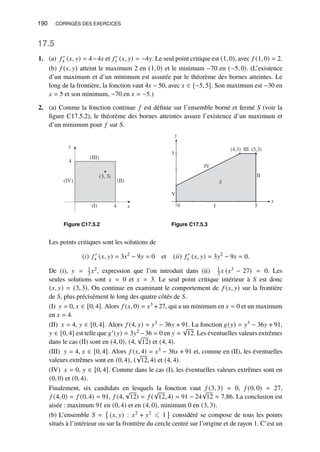 190 CORRIGÉS DES EXERCICES
17.5
1. (a) 𝑓 ′
𝑥 (𝑥, 𝑦) = 4−4𝑥 et 𝑓 ′
𝑦 (𝑥, 𝑦) = −4𝑦. Le seul point critique est (1, 0), avec 𝑓 (1, 0) = 2.
(b) 𝑓 (𝑥, 𝑦) atteint le maximum 2 en (1, 0) et le minimum −70 en (−5, 0). (L’existence
d’un maximum et d’un minimum est assurée par le théorème des bornes atteintes. Le
long de la frontière, la fonction vaut 4𝑥 − 50, avec 𝑥 ∈ [−5, 5]. Son maximum est −30 en
𝑥 = 5 et son minimum, −70 en 𝑥 = −5.)
2. (a) Comme la fonction continue 𝑓 est définie sur l’ensemble borné et fermé 𝑆 (voir la
figure C17.5.2), le théorème des bornes atteintes assure l’existence d’un maximum et
d’un minimum pour 𝑓 sur 𝑆.
y
x
4
4
(3, 3)
(III)
(II)
(IV)
(I)
Figure C17.5.2
y
3
x
5
S
0
IV
(4,3) III (5,3)
II
I
V
Figure C17.5.3
Les points critiques sont les solutions de
(𝑖) 𝑓 ′
𝑥 (𝑥, 𝑦) = 3𝑥2
− 9𝑦 = 0 et (𝑖𝑖) 𝑓 ′
𝑦 (𝑥, 𝑦) = 3𝑦2
− 9𝑥 = 0.
De (i), 𝑦 = 1
3 𝑥2, expression que l’on introduit dans (ii) 1
3 𝑥 (𝑥3 − 27) = 0. Les
seules solutions sont 𝑥 = 0 et 𝑥 = 3. Le seul point critique intérieur à 𝑆 est donc
(𝑥, 𝑦) = (3, 3). On continue en examinant le comportement de 𝑓 (𝑥, 𝑦) sur la frontière
de 𝑆, plus précisément le long des quatre côtés de 𝑆.
(I) 𝑦 = 0, 𝑥 ∈ [0, 4]. Alors 𝑓 (𝑥, 0) = 𝑥3 + 27, qui a un minimum en 𝑥 = 0 et un maximum
en 𝑥 = 4.
(II) 𝑥 = 4, 𝑦 ∈ [0, 4]. Alors 𝑓 (4, 𝑦) = 𝑦3 − 36𝑦 + 91. La fonction 𝑔(𝑦) = 𝑦3 − 36𝑦 + 91,
𝑦 ∈ [0, 4] est telle que 𝑔′(𝑦) = 3𝑦2 −36 = 0 en 𝑦 =
√
12. Les éventuelles valeurs extrêmes
dans le cas (II) sont en (4, 0), (4,
√
12) et (4, 4).
(III) 𝑦 = 4, 𝑥 ∈ [0, 4]. Alors 𝑓 (𝑥, 4) = 𝑥3 − 36𝑥 + 91 et, comme en (II), les éventuelles
valeurs extrêmes sont en (0, 4), (
√
12, 4) et (4, 4).
(IV) 𝑥 = 0, 𝑦 ∈ [0, 4]. Comme dans le cas (I), les éventuelles valeurs extrêmes sont en
(0, 0) et (0, 4).
Finalement, six candidats en lesquels la fonction vaut 𝑓 (3, 3) = 0, 𝑓 (0, 0) = 27,
𝑓 (4, 0) = 𝑓 (0, 4) = 91, 𝑓 (4,
√
12) = 𝑓 (
√
12, 4) = 91 − 24
√
12 ≈ 7,86. La conclusion est
aisée : maximum 91 en (0, 4) et en (4, 0), minimum 0 en (3, 3).
(b) L’ensemble 𝑆 =

(𝑥, 𝑦) : 𝑥2 + 𝑦2 ⩽ 1 considéré se compose de tous les points
situés à l’intérieur ou sur la frontière du cercle centré sur l’origine et de rayon 1. C’est un
 