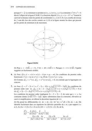 214 CORRIGÉS DES EXERCICES
puisque 𝑏  4
9 . Le minimum se produit en (𝑥1, 𝑦1) et (𝑥2, 𝑦2). La contrainte 𝑥2/4+ 𝑦2 = 𝑏
décrit l’ellipse de la figure C18.R.5. La fonction objectif 𝑓 (𝑥, 𝑦) = (𝑥 − 1)2 + 𝑦2 fournit le
carré de la distance entre les points de coordonnées (𝑥, 𝑦) et (1, 0). Les courbes de niveau
de 𝑓 sont dès lors des cercles centrés en (1, 0) et la figure montre les deux qui passent
par les points de minimum et de maximum.
y
x
−4
−2
2
4
−4 −2 2 4 6
(x1,y 1)
(x3,y 3)
(x 2,y2)
(x 4 ,y4)
Figure C18.R.5
(b) Pour 𝑥 = −2
√
𝑏, 𝑦 = 0, 𝑓 ∗(𝑏) = 4𝑏 + 4
√
𝑏 + 1. Puisque 𝜆 = 4 + 2/
√
𝑏, l’égalité
suggérée est facilement vérifiée.
6. (a) Avec L(𝑥, 𝑦) = 𝑣(𝑥) + 𝑤(𝑦) − 𝜆 (𝑝𝑥 + 𝑞𝑦 − 𝑚), les conditions du premier ordre
fournissent 𝑣′(𝑥) = 𝜆𝑝 et 𝑤′(𝑦) = 𝜆𝑞. D’où 𝑣′(𝑥)/𝑤′(𝑦) = 𝑝/𝑞.
(b) Comme L′′
𝑥𝑥 = 𝑣′′(𝑥), L′′
𝑦𝑦 = 𝑤′′(𝑦) et L′′
𝑥𝑦 = 0, on constate que le lagrangien est
concave.
7. (a) Avec L = 𝑥2 − 2𝑥 + 1 + 𝑦2 − 2𝑦 − 𝜆[(𝑥 + 𝑦)
p
𝑥 + 𝑦 + 𝑏 − 2
√
𝑎], les conditions du
premier ordre sont (i) L′
𝑥 = 2𝑥 − 2 − 𝜆[
p
𝑥 + 𝑦 + 𝑏 + (𝑥 + 𝑦)/2
p
𝑥 + 𝑦 + 𝑏 ] = 0 et
(ii) L′
𝑦 = 2𝑦 − 2 − 𝜆[
p
𝑥 + 𝑦 + 𝑏 + (𝑥 + 𝑦)/2
p
𝑥 + 𝑦 + 𝑏 ] = 0.
Les conditions du premier ordre impliquent 2𝑥 − 2 = 2𝑦 − 2, de sorte que 𝑥 = 𝑦. La
contrainte donne 2𝑥
√
2𝑥 + 𝑏 = 2
√
𝑎. Après substitution dans la contrainte, élévation au
carré et simplification, on obtient la deuxième équation de (∗).
(b) On prend les différentielles (i) d𝑥 = d𝑦 ; (ii) 6𝑥2 d𝑥 + 𝑥2 𝑑𝑏 + 2𝑏𝑥 d𝑥 = 𝑑𝑎. On
identifie facilement dans ces équations les dérivées partielles de 𝑥 et 𝑦 par rapport à 𝑎
et 𝑏, 𝜕𝑥/𝜕𝑎 = 1/2𝑥 (3𝑥 + 𝑏) et 𝜕𝑥/𝜕𝑏 = −𝑥/2 (3𝑥 + 𝑏). Et, de là,
𝜕2𝑥
𝜕𝑎2
=
𝜕
𝜕𝑎

𝜕𝑥
𝜕𝑎

=
𝜕
𝜕𝑎
1
6𝑥2 + 2𝑏𝑥
= −
12𝑥 + 2𝑏
(6𝑥2 + 2𝑏𝑥)2
𝜕𝑥
𝜕𝑎
= −
12𝑥 + 2𝑏
(6𝑥2 + 2𝑏𝑥)3
= −
6𝑥 + 𝑏
4𝑥3 (3𝑥 + 𝑏)3
.
 