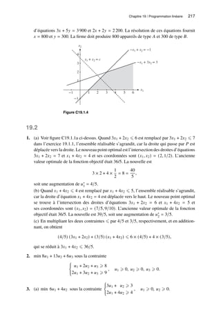 Chapitre 19 / Programmation linéaire 217
d’équations 3𝑥 + 5𝑦 = 3 900 et 2𝑥 + 2𝑦 = 2 200. La résolution de ces équations fournit
𝑥 = 800 et 𝑦 = 300. La firme doit produire 800 appareils de type 𝐴 et 300 de type 𝐵.
x2
−1
1
2
3
4
−1 1 2 3 4 5 6
−x1 + x2 = −1
−x1 + 3x2 = 3
x1 + x2 = c
x1
Figure C19.1.4
19.2
1. (a) Voir figure C19.1.1a ci-dessus. Quand 3𝑥1 + 2𝑥2 ⩽ 6 est remplacé par 3𝑥1 + 2𝑥2 ⩽ 7
dans l’exercice 19.1.1, l’ensemble réalisable s’agrandit, car la droite qui passe par 𝑃 est
déplacée vers la droite. Le nouveau point optimal est l’intersection des droites d’équations
3𝑥1 + 2𝑥2 = 7 et 𝑥1 + 4𝑥2 = 4 et ses coordonnées sont (𝑥1, 𝑥2) = (2, 1/2). L’ancienne
valeur optimale de la fonction objectif était 36/5. La nouvelle est
3 × 2 + 4 ×
1
2
= 8 =
40
5
,
soit une augmentation de 𝑢∗
1 = 4/5.
(b) Quand 𝑥1 + 4𝑥2 ⩽ 4 est remplacé par 𝑥1 + 4𝑥2 ⩽ 5, l’ensemble réalisable s’agrandit,
car la droite d’équation 𝑥1 + 4𝑥2 = 4 est déplacée vers le haut. Le nouveau point optimal
se trouve à l’intersection des droites d’équations 3𝑥1 + 2𝑥2 = 6 et 𝑥1 + 4𝑥2 = 5 et
ses coordonnées sont (𝑥1, 𝑥2) = (7/5, 9/10). L’ancienne valeur optimale de la fonction
objectif était 36/5. La nouvelle est 39/5, soit une augmentation de 𝑢∗
2 = 3/5.
(c) En multipliant les deux contraintes ⩽ par 4/5 et 3/5, respectivement, et en addition-
nant, on obtient
(4/5) (3𝑥1 + 2𝑥2) + (3/5) (𝑥1 + 4𝑥2) ⩽ 6 × (4/5) + 4 × (3/5),
qui se réduit à 3𝑥1 + 4𝑥2 ⩽ 36/5.
2. min 8𝑢1 + 13𝑢2 + 6𝑢3 sous la contrainte
(
𝑢1 + 2𝑢2 + 𝑢3 ⩾ 8
2𝑢1 + 3𝑢2 + 𝑢3 ⩾ 9
, 𝑢1 ⩾ 0, 𝑢2 ⩾ 0, 𝑢3 ⩾ 0.
3. (a) min 6𝑢1 + 4𝑢2 sous la contrainte
(
3𝑢1 + 𝑢2 ⩾ 3
2𝑢1 + 4𝑢2 ⩾ 4
, 𝑢1 ⩾ 0, 𝑢2 ⩾ 0.
 