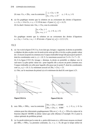 218 CORRIGÉS DES EXERCICES
(b) max 11𝑥1 + 20𝑥2 sous la contrainte
(
𝑥1 + 2𝑥2 ⩽ 10
3𝑥1 + 5𝑥2 ⩽ 27
, 𝑥1 ⩾ 0, 𝑥2 ⩾ 0.
4. (a) Un graphique montre que la solution est au croisement des droites d’équations
𝑥1 + 2𝑥2 = 14 et 2𝑥1 + 𝑥2 = 13. D’où max = 9 pour (𝑥∗
1, 𝑥∗
2) = (4, 5).
(b) Le dual s’énonce min 14𝑢1 + 13𝑢2 sous la contrainte
(
𝑢1 + 2𝑢2 ⩾ 1
2𝑢1 + 𝑢2 ⩾ 1
, 𝑢1 ⩾ 0, 𝑢2 ⩾ 0.
Un graphique montre que la solution est au croisement des droites d’équations
𝑢1 + 2𝑢2 = 1 et 2𝑢1 + 𝑢2 = 1. D’où min = 9 pour (𝑢∗
1, 𝑢∗
2) = (1/3, 1/3).
19.3
1. (a) Au vu de la figure C19.3.1a, il est clair que, lorsque 𝑐 augmente, la droite en pointillés
se déplace de plus en plus vers le nord-est de sorte qu’elle a à la fois sa plus grande valeur
de 𝑐 et encore un point en commun avec l’espace réalisable lorsqu’elle passe par le point 𝑃,
dont les coordonnées sont (𝑥, 𝑦) = (0, 3). Le maximum associé est 2 × 0 + 3 × 7 = 21.
(b) À la figure C19.3.1b, lorsque 𝑐 diminue, la droite en pointillés se déplace vers le
sud-ouest. La plus petite valeur de 𝑐 pour laquelle elle a encore un point commun avec
l’espace réalisable est celle pour laquelle elle passe par le point 𝑃, dont les coordonnées
sont (𝑢1, 𝑢2) = (0, 1). Le minimum associé est 20𝑢1 + 21𝑢2 = 21.
(c) Oui, car le maximum du primal (a) et le minimum du dual (b) sont égaux à 21.
y
x
P
2x + 7y = c
1
1
Figure C19.3.1a
u2
u1
1
P 20u1 + 21u2 = c
Figure C19.3.1b
2. max 300𝑥1 + 500𝑥2 sous la contrainte
(
10𝑥1 + 25𝑥2 ⩽ 10 000
20𝑥1 + 25𝑥2 ⩽ 8 000
, 𝑥1 ⩾ 0 , 𝑥2 ⩾ 0. La
solution peut être déterminée graphiquement. Elle est 𝑥∗
1 = 0, 𝑥∗
2 = 320 et la valeur de la
fonction objectif 160 000, la même valeur que celle obtenue à l’exemple 19.1.2 pour la
valeur optimale du problème primal.
3. (a) Le profit réalisé par la vente de 𝑥1 petits téléviseurs et 𝑥2 téléviseurs moyens est donné
par 400𝑥1 + 500𝑥2. La première contrainte, 2𝑥1 + 𝑥2 ⩽ 16, dit que le temps utilisé de
 