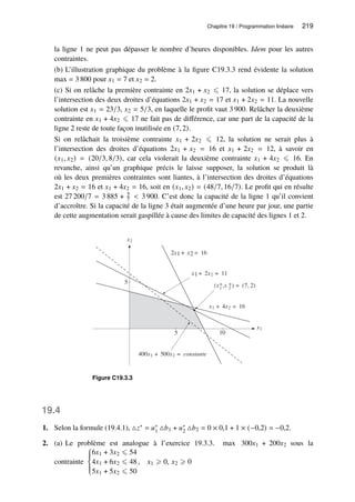 Chapitre 19 / Programmation linéaire 219
la ligne 1 ne peut pas dépasser le nombre d’heures disponibles. Idem pour les autres
contraintes.
(b) L’illustration graphique du problème à la figure C19.3.3 rend évidente la solution
max = 3 800 pour 𝑥1 = 7 et 𝑥2 = 2.
(c) Si on relâche la première contrainte en 2𝑥1 + 𝑥2 ⩽ 17, la solution se déplace vers
l’intersection des deux droites d’équations 2𝑥1 + 𝑥2 = 17 et 𝑥1 + 2𝑥2 = 11. La nouvelle
solution est 𝑥1 = 23/3, 𝑥2 = 5/3, en laquelle le profit vaut 3 900. Relâcher la deuxième
contrainte en 𝑥1 + 4𝑥2 ⩽ 17 ne fait pas de différence, car une part de la capacité de la
ligne 2 reste de toute façon inutilisée en (7, 2).
Si on relâchait la troisième contrainte 𝑥1 + 2𝑥2 ⩽ 12, la solution ne serait plus à
l’intersection des droites d’équations 2𝑥1 + 𝑥2 = 16 et 𝑥1 + 2𝑥2 = 12, à savoir en
(𝑥1, 𝑥2) = (20/3, 8/3), car cela violerait la deuxième contrainte 𝑥1 + 4𝑥2 ⩽ 16. En
revanche, ainsi qu’un graphique précis le laisse supposer, la solution se produit là
où les deux premières contraintes sont liantes, à l’intersection des droites d’équations
2𝑥1 + 𝑥2 = 16 et 𝑥1 + 4𝑥2 = 16, soit en (𝑥1, 𝑥2) = (48/7, 16/7). Le profit qui en résulte
est 27 200/7 = 3 885 + 5
7  3 900. C’est donc la capacité de la ligne 1 qu’il convient
d’accroître. Si la capacité de la ligne 3 était augmentée d’une heure par jour, une partie
de cette augmentation serait gaspillée à cause des limites de capacité des lignes 1 et 2.
x2
5
x1
5 10
2x1 + x2 = 16
400x1 + 500x2 = constante
x1 + 2x2 = 11
(x*
1 ,x *
2 ) = (7, 2)
x1 + 4x2 = 16
Figure C19.3.3
19.4
1. Selon la formule (19.4.1), △𝑧∗ = 𝑢∗
1 △𝑏1 + 𝑢∗
2 △𝑏2 = 0 × 0,1 + 1 × (−0,2) = −0,2.
2. (a) Le problème est analogue à l’exercice 19.3.3. max 300𝑥1 + 200𝑥2 sous la
contrainte







6𝑥1 + 3𝑥2 ⩽ 54
4𝑥1 + 6𝑥2 ⩽ 48 ,
5𝑥1 + 5𝑥2 ⩽ 50
𝑥1 ⩾ 0, 𝑥2 ⩾ 0
 
