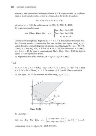220 CORRIGÉS DES EXERCICES
où 𝑥1 et 𝑥2 sont les nombres d’unités produites de A et B, respectivement. Un graphique
précis le montrerait, la solution se trouve à l’intersection des droites d’équations
6𝑥1 + 3𝑥2 = 54 et 5𝑥1 + 5𝑥2 = 50,
soit en (𝑥1, 𝑥2) = (8, 2). Le profit maximal est 300 × 8 + 200 × 2 = 2 800.
(b) Le problème dual s’énonce
min (54𝑢1 + 48𝑢2 + 50𝑢3) s. c.









6𝑢1 + 4𝑢2 + 5𝑢3 ⩾ 300
3𝑢1 + 6𝑢2 + 5𝑢3 ⩾ 200
𝑢1, 𝑢2, 𝑢3 ⩾ 0
.
Comme la solution optimale du primal est 𝑥∗
1 = 8, 𝑥∗
2 = 2, deux valeurs strictement posi-
tives, les deux premières contraintes du dual sont satisfaites avec égalité en (𝑢∗
1, 𝑢∗
2, 𝑢∗
3).
Mais la deuxième contrainte du primal est satisfaite avec inégalité, car 4𝑥∗
1+6𝑥∗
2 = 44  48.
D’où 𝑢∗
2 = 0, avec 6𝑢∗
1 + 5𝑢∗
3 = 300 et 3𝑢∗
1 + 5𝑢∗
3 = 200. Par conséquent, 𝑢∗
1 = 100/3,
𝑢∗
2 = 0 et 𝑢∗
3 = 20. En outre, la valeur optimale 54𝑢∗
1 + 48𝑢∗
2 + 50𝑢∗
3 = 2 800 du dual est
égale à la valeur optimale du primal.
(c) Augmentation du profit optimal : Δ𝜋∗ = 𝑢∗
1 × 2 + 𝑢∗
3 × 1 = 260/3.
19.5
1. 4𝑢∗
1 + 3𝑢∗
2 = 3  2 et 𝑥∗ = 0; 5𝑢∗
1 + 7𝑢∗
2 = 7 et 𝑦∗ = 3  0. Aussi, 4𝑥∗ + 5𝑦∗ = 15  20 et
𝑢∗
1 = 0; 3𝑥∗ + 7𝑦∗ = 21 et 𝑢∗
2 = 1  0. On voit que (19.5.1) et (19.5.2) sont satisfaites.
2. (a) Voir figure C19.5.2. Le minimum est atteint en (𝑦∗
1, 𝑦∗
2) = (3, 2).
y2
5
10
y1
5 10 15
(3)
y1 + 2y2 = Z0
(1)
(3, 2)
(2)
(4)
Figure C19.5.2
(b) Le dual est :
max 15𝑥1 + 5𝑥2 − 5𝑥3 − 20𝑥4 s. c.
(
𝑥1 + 𝑥2 − 𝑥3 + 𝑥4 ⩽ 1
6𝑥1 + 𝑥2 + 𝑥3 − 2𝑥4 ⩽ 2
, 𝑥𝑗 ⩾ 0, 𝑗 = 1, . . . , 4.
Le maximum est en (𝑥∗
1, 𝑥∗
2, 𝑥∗
3, 𝑥∗
4) = (1/5, 4/5, 0, 0).
 