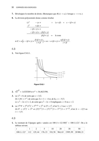 30 CORRIGÉS DES EXERCICES
7. Développez le membre de droite. (Remarquez que 𝑅(𝑥) → 𝑎/𝑐 lorsque 𝑥 → +∞.)
8. La division polynomiale donne comme résultat
(𝑥2 − 𝛾𝑥 + ÷ (𝑥 + 𝛽) = 𝑥 − (𝛽 + 𝛾)
𝑥2 + 𝛽𝑥 +
− (𝛽 + 𝛾) 𝑥 +
− (𝛽 + 𝛾) 𝑥 − 𝛽(𝛽 + 𝛾)
𝛽(𝛽 + 𝛾) ← le reste
et 𝐸 = 𝛼

𝑥 − (𝛽 + 𝛾) +
𝛽 (𝛽 + 𝛾)
𝑥 + 𝛽

= 𝛼𝑥 − 𝛼 (𝛽 + 𝛾) +
𝛼𝛽 (𝛽 + 𝛾)
𝑥 + 𝛽
.
4.8
1. Voir figure C4.8.1.
y
1
2
x
1 2
y = x−1/ 3
y = x−1/ 2
y = x−1
y = x−3
Figure C4.8.1
2.
√
2
√
2
≈ 1,6325269 et 𝜋𝜋 ≈ 36,4621596.
3. (a) 23 = 8, de sorte que 𝑥 = 3/2.
(b) 1/81 = 3−4, de sorte que 3𝑥 + 1 = −4 et, de là, 𝑥 = −5/3.
(c) 𝑥2 − 2𝑥 + 2 = 2, de sorte que 𝑥2 − 2𝑥 = 0 impliquant 𝑥 = 0 ou 𝑥 = 2.
4. (a) 35𝑡 9𝑡 = 35𝑡 (32)𝑡 = 35𝑡+2𝑡 = 37𝑡 et 27 = 33, d’où 7𝑡 = 3 ou 𝑡 = 3/7.
(b) 9𝑡 = (32)𝑡 = 32𝑡 et (27)1/5/3 = (33)1/5/3 = 33/5/3 = 3−2/5, d’où 2𝑡 = −2/5 ou
𝑡 = −1/5.
4.9
1. Le montant de l’épargne après 𝑡 années est 100 (1 + 12/100)𝑡
= 100 (1,12)𝑡 . On a le
tableau suivant.
𝑡 1 2 5 10 20 30 50
100 (1, 12)𝑡 112 125, 44 176, 23 310, 58 964, 63 2 995, 99 28 900, 21
 