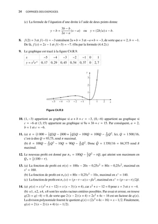 34 CORRIGÉS DES EXERCICES
(c) La formule de l’équation d’une droite à l’aide de deux points donne
𝑦 − 𝑏 =
3𝑏 − 𝑏
2𝑎 − 𝑎
(𝑥 − 𝑎) ou 𝑦 = (2𝑏/𝑎) 𝑥 − 𝑏.
8. 𝑓 (2) = 3 et 𝑓 (−1) = −3 entraînent 2𝑎 + 𝑏 = 3 et −𝑎 + 𝑏 = −3, de sorte que 𝑎 = 2, 𝑏 = −1.
De là, 𝑓 (𝑥) = 2𝑥 − 1 et 𝑓 (−3) = −7. (Ou par la formule (4.4.2).)
9. Le graphique est tracé à la figure C4.R.9.
𝑥 −5 −4 −3 −2 −1 0 1
𝑦 = 𝑥2𝑒𝑥 0, 17 0, 29 0, 45 0, 54 0, 37 0 2, 7
y
1
2
3
x
−5 −4 −3 −2 −1 1 2
Figure C4.R.9
10. (1, −3) appartient au graphique si 𝑎 + 𝑏 + 𝑐 = −3, (0, −6) appartient au graphique si
𝑐 = −6 et (3, 15) appartient au graphique si 9𝑎 + 3𝑏 + 𝑐 = 15. Par conséquent, 𝑎 = 2,
𝑏 = 1 et 𝑐 = −6.
11. (a) 𝜋 = 1 000 − 1
3 𝑄

𝑄 − 800 + 1
5 𝑄

𝑄 − 100𝑄 = 100𝑄 − 8
15 𝑄2. Ici, 𝑄 = 1 500/16,
c’est-à-dire 𝑄 = 93,75, rend 𝜋 maximal.
(b) ˆ
𝜋 = 100𝑄 − 8
15 𝑄2 − 10𝑄 = 90𝑄 − 8
15 𝑄2. Donc ˆ
𝑄 = 1 350/16 = 84,375 rend ˆ
𝜋
maximal.
12. Le nouveau profit est donné par 𝜋𝜏 = 100𝑄 − 5
2 𝑄2 − 𝜏𝑄, qui atteint son maximum en
𝑄𝜏 = 1
5 (100 − 𝜏).
13. (a) La fonction de profit est 𝜋(𝑥) = 100𝑥 − 20𝑥 − 0,25𝑥2 = 80𝑥 − 0,25𝑥2, maximal en
𝑥∗ = 160.
(b) La fonction de profit est 𝜋𝜏 (𝑥) = 80𝑥 − 0,25𝑥2 − 10𝑥, maximal en 𝑥∗ = 140.
(c) La fonction de profit est 𝜋𝜏 (𝑥) = (𝑝 −𝜏−𝛼) 𝑥 − 𝛽𝑥2, maximal en 𝑥∗ = (𝑝 −𝛼−𝜏)/2𝛽.
14. (a) 𝑝(𝑥) = 𝑥 (𝑥2 + 𝑥 − 12) = 𝑥 (𝑥 − 3) (𝑥 + 4), car 𝑥2 + 𝑥 − 12 = 0 pour 𝑥 = 3 et 𝑥 = −4.
(b) ±1, ±2, ±4, ±8 sont les seules racines entières possibles. Par essai et erreur, on trouve
𝑞(2) = 𝑞(−4) = 0, de sorte que 2 (𝑥 − 2) (𝑥 + 4) = 2𝑥2 + 4𝑥 − 16 est un facteur de 𝑞(𝑥).
La division polynomiale fournit le quotient 𝑞(𝑥) ÷ (2𝑥2 +4𝑥 −16) = 𝑥 −1/2. Finalement,
𝑞(𝑥) = 2 (𝑥 − 2) (𝑥 + 4) (𝑥 − 1/2).
 