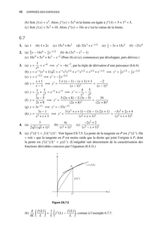 48 CORRIGÉS DES EXERCICES
(b) Soit 𝑓 (𝑥) = 𝑥5. Alors 𝑓 ′(𝑥) = 5𝑥4 et la limite est égale à 𝑓 ′(1) = 5 × 14 = 5.
(c) Soit 𝑓 (𝑥) = 5𝑥2 + 10. Alors 𝑓 ′(𝑥) = 10𝑥 et c’est la valeur de la limite.
6.7
1. (a) 1 (b) 1 + 2𝑥 (c) 15𝑥4 + 8𝑥3 (d) 32𝑥3 + 𝑥−1/2 (e) 1
2 − 3𝑥 + 15𝑥2 (f) −21𝑥6
2. (a) 6
5 𝑥 − 14𝑥6 − 1
2 𝑥−1/2 (b) 4𝑥 (3𝑥4 − 𝑥2 − 1)
(c) 10𝑥9 + 5𝑥4 + 4𝑥3 − 𝑥−2 (Pour (b) et (c), commencez par développer, puis dérivez.)
3. (a) 𝑦 =
1
𝑥6
= 𝑥−6
=⇒ 𝑦′
= −6𝑥−7
, par la règle de dérivation d’une puissance (6.6.4).
(b) 𝑦 = 𝑥−1(𝑥2 + 1)
√
𝑥 = 𝑥−1𝑥2𝑥1/2 + 𝑥−1𝑥1/2 = 𝑥3/2 + 𝑥−1/2 =⇒ 𝑦′ = 3
2 𝑥1/2 − 1
2 𝑥−3/2
(c) 𝑦 = 𝑥−3/2
=⇒ 𝑦′
= −3
2 𝑥−5/2
(d) 𝑦 =
𝑥 + 1
𝑥 − 1
=⇒ 𝑦′
=
1 × (𝑥 − 1) − (𝑥 + 1) × 1
(𝑥 − 1)2
=
−2
(𝑥 − 1)2
(e) 𝑦 =
𝑥
𝑥5
+
1
𝑥5
= 𝑥−4
+ 𝑥−5
=⇒ 𝑦′
= −
4
𝑥5
−
5
𝑥6
(f) 𝑦 =
3𝑥 − 5
2𝑥 + 8
=⇒ 𝑦′
=
3 (2𝑥 + 8) − 2 (3𝑥 − 5)
(2𝑥 + 8)2
=
34
(2𝑥 + 8)2
(g) 𝑦 = 3𝑥−11 =⇒ 𝑦′ = −33𝑥−12
(h) 𝑦 =
3𝑥 − 1
𝑥2 + 𝑥 + 1
=⇒ 𝑦′
=
3 (𝑥2 + 𝑥 + 1) − (3𝑥 − 1) (2𝑥 + 1)
(𝑥2 + 𝑥 + 1)2
=
−3𝑥2 + 2𝑥 + 4
(𝑥2 + 𝑥 + 1)2
4. (a)
3
2
√
𝑥 (
√
𝑥 + 1)2
(b)
4𝑥
(𝑥2 + 1)2
(c)
−2𝑥2 + 2
(𝑥2 − 𝑥 + 1)2
5. (a) 𝑓 ′(𝐿∗)  𝑓 (𝐿∗)/𝐿∗. Voir figure C6.7.5. La pente de la tangente en 𝑃 est 𝑓 ′(𝐿∗). On
« voit » que la tangente en 𝑃 est moins raide que la droite qui joint l’origine à 𝑃, dont
la pente est 𝑓 (𝐿∗)/𝐿∗ = 𝑔(𝐿∗). (L’inégalité suit directement de la caractérisation des
fonctions dérivables concaves par l’équation (8.4.3).)
P
y
L
y = f (L)
f (L∗
)
L∗
Figure C6.7.5
(b)
d
d𝐿

𝑓 (𝐿)
𝐿

=
1
𝐿

𝑓 ′
(𝐿) −
𝑓 (𝐿)
𝐿

, comme à l’exemple 6.7.7.
 