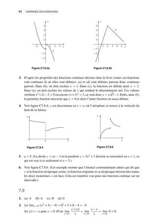 64 CORRIGÉS DES EXERCICES
y
−3
−2
1
2
3
4
x
−2 1 2 3
f
Figure C7.8.2a
y
−2
−1
1
2
3
4
x
1 2 3 4 5
g
Figure C7.8.2b
3. D’après les propriétés des fonctions continues décrites dans le livre, toutes ces fonctions
sont continues là où elles sont définies. (a) et (d) sont définies partout donc continues
partout. Dans (b), on doit exclure 𝑥 = 1. Dans (c), la fonction est définie pour 𝑥  2.
Dans (e), on doit exclure les valeurs de 𝑥 qui rendent le dénominateur nul. Ces valeurs
vérifient 𝑥2 +2𝑥 −2 = 0 ou encore (𝑥 +1)2 = 3, ce sont donc 𝑥 = ±
√
3−1. Enfin, dans (f),
la première fraction nécessite que 𝑥  0 et alors l’autre fraction est aussi définie.
4. Voir figure C7.8.4; 𝑦 est discontinue en 𝑥 = 𝑎, où l’aéroplane se trouve à la verticale du
haut de la falaise.
y
x
a
Figure C7.8.4
y
x
Figure C7.8.6
5. 𝑎 = 5. (La droite 𝑦 = 𝑎𝑥 − 1 et la parabole 𝑦 = 3𝑥2 + 1 doivent se rencontrer en 𝑥 = 1, ce
qui est vrai si et seulement si 𝑎 = 5.)
6. Voir figure C7.8.6. (Cet exemple montre que l’énoncé communément admis qui dit que
« si la fonction réciproque existe, la fonction originale et sa réciproque doivent être toutes
les deux monotones » est faux. Cela est toutefois vrai pour une fonction continue sur un
intervalle.)
7.9
1. (a) 𝐴 (b) 𝐴 (c) 𝐵 (d) 0
2. (a) lim𝑥→0+ (𝑥2 + 3𝑥 − 4) = 02 + 3 × 0 − 4 = −4
(b) |𝑥| = −𝑥 pour 𝑥  0. D’où lim
𝑥→0−
𝑥 + |𝑥|
𝑥
= lim
𝑥→0−
𝑥 − 𝑥
𝑥
= lim
𝑥→0−
0 = 0.
 