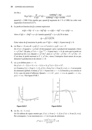 88 CORRIGÉS DES EXERCICES
(b) On a
El𝑄𝐶(𝑄) =
𝑄
𝐶(𝑄)
𝐶′
(𝑄) =
0,0008𝑄2 + 8𝑄
0,0004𝑄2 + 8𝑄 + 64 000
≈ 0,12
quand 𝑄 = 1 000. Cela signifie que, quand 𝑄 augmente de 1 % à 1 000, les coûts vont
augmenter d’environ 0,12 %.
5. Le profit en fonction de 𝑄 a comme expression
𝜋(𝑄) = 𝑃𝑄 − 𝐶 = (𝑎 − 𝑏𝑄2
)𝑄 − 𝛼 + 𝛽𝑄 = −𝑏𝑄3
+ (𝑎 + 𝛽)𝑄 − 𝛼.
Alors 𝜋′(𝑄) = −3𝑏𝑄2 + 𝑎 + 𝛽 s’annule quand 𝑄2 = (𝑎 + 𝛽)/3𝑏 et donc
𝑄 =
p
(𝑎 + 𝛽)/3𝑏.
Cette valeur de 𝑄 maximise le profit, car 𝜋′′(𝑄) = −6𝑏𝑄 ⩽ 0 pour tout 𝑄 ⩾ 0.
6. (a) Pour 𝑥  0, on a 𝑅 = 𝑝
√
𝑥, 𝐶 = 𝑤𝑥 + 𝐹 et 𝜋(𝑥) = 𝑝
√
𝑥 − 𝑤𝑥 − 𝐹.
(b) 𝜋′(𝑥) = 0 quand 𝑤 = 𝑝/2
√
𝑥. (Coût marginal = prix × productivité marginale.) Alors
𝑥 = 𝑝2/4𝑤2. De plus, 𝜋′′(𝑥) = −1
4 𝑝𝑥−3/2  0 pour tout 𝑥  0, de sorte que le profit est
maximal sur ]0, +∞[. Quand 𝑥 = 𝑝2/4𝑤2, alors 𝜋 = 𝑝2/2𝑤 − 𝑝2/4𝑤 − 𝐹 = 𝑝2/4𝑤 − 𝐹.
C’est donc le profit maximal si 𝐹 ⩽ 𝑝2/4𝑤 ; sinon, l’entreprise ferait mieux de ne pas
démarrer la production et de choisir 𝑥 = 0.
7. (a) 𝑔 est définie pour 𝑥  −1.
(b) 𝑔′(𝑥) = 1 − 2/(𝑥 + 1) = (𝑥 − 1)/(𝑥 + 1), 𝑔′′(𝑥) = 2/(𝑥 + 1)2.
(c) Comme 𝑔′(𝑥)  0 sur ] − 1, 1[, 𝑔′(1) = 0 et 𝑔′(𝑥)  0 sur ]1, +∞[, 𝑥 = 1 est un point
de minimum (global). Comme 𝑔′′(𝑥)  0 pour tout 𝑥  −1, la fonction 𝑔 est convexe et
il n’y a pas de point d’inflexion. Quand 𝑥 → (−1)−, 𝑔(𝑥) → +∞ et, quand 𝑥 → +∞,
𝑔(𝑥) → +∞. Voir figure C9.R.7.
y
−1
1
2
3
4
x
−1 1 2 3
Figure C9.R.7
y
−0,2
−0,1
0,1
0,2
x
−1 1 2
y
x
Figure C9.R.8
8. (a) 𝐷 𝑓 =] − 1, +∞[.
(b) Un tableau de signes montre que 𝑓 ′(𝑥) ⩾ 0 sur ] − 1, 1] et 𝑓 ′(𝑥) ⩽ 0 sur [1, +∞[.
Par conséquent, 𝑓 a un maximum en 𝑥 = 1 et n’a pas de minimum.
𝑓 ′′
(𝑥) =
−𝑥 (𝑥2 + 𝑥 − 1)
(𝑥 + 1)2
= 0
 