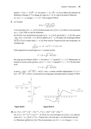 Chapitre 9 / Optimisation 89
quand 𝑥 = 0 et 𝑥 = 1
2 (
√
5 − 1). (Le point 𝑥 = 1
2 (−
√
5 − 1) est en dehors du domaine de
définition.) Puisque 𝑓 ′′(𝑥) change de signe en 𝑥 = 0, il s’agit d’un point d’inflexion.
(c) 𝑓 (𝑥) → −∞ lorsque 𝑥 → (−1)+. Voir la figure C9.R.8.
9. (a) Comme
ℎ′
(𝑥) =
𝑒𝑥 (2 − 𝑒2𝑥)
(2 + 𝑒2𝑥)2
,
ℎ est croissante sur ]−∞, 1
2 ln 2 ] et décroissante sur [ 1
2 ln 2, +∞[. Donc ℎ a un maximum
en 𝑥 = 1
2 ln 2. Elle n’a pas de minimum.
(b) En fait, ℎ est strictement croissante sur ] − ∞, 1
2 ln 2], qui inclut ] − ∞, 0]. On a aussi
lim
𝑥→−∞
ℎ(𝑥) = 0 et ℎ(0) = 1/3. D’où ℎ définie sur ] − ∞, 0] admet une réciproque définie
sur ]0, 1/3] et à valeurs dans ] − ∞, 0]. Pour trouver l’expression de cette réciproque, on
remarque que
𝑒𝑥
2 + 𝑒2𝑥
= 𝑦 ⇔ 𝑦 (𝑒𝑥
)2
− 𝑒𝑥
+ 2𝑦 = 0.
Cette équation du second degré en 𝑒𝑥 a comme racines
𝑒𝑥
= [1 ±
q
1 − 8𝑦2]/2𝑦.
On exige que la solution vérifie 𝑥 ⩽ 0 et ainsi 𝑒𝑥 ⩽ 1 quand 0  𝑦  1/3. Maintenant, en
prenant la racine carrée positive, on a 𝑒𝑥  1/2𝑦  6 quand 0  𝑦  1/3. On doit donc
avoir
𝑒𝑥
= [1 −
q
1 − 8𝑦2]/2𝑦
et ainsi 𝑥 = ln(1 −
p
1 − 8𝑦2 ) − ln(2𝑦). Avec 𝑥 comme variable indépendante, ℎ−1(𝑥) =
ln(1−
√
1 − 8𝑥2 )−ln(2𝑥). La fonction et sa réciproque sont représentées à la figure C9.R.9.
y
−1,5
−1,0
−0,5
0,5
x
−1,5 −1,0 −0,5 0,5
h
h−1
Figure C9.R.9
y
x
−2
−1
1
2
−5 −4 −3 −2 −1 1 2 3 4 5
f (x) =
6x3
x4
+ x2
+ 2
Figure C9.R.12
10. (a) 𝑓 ′(𝑥) = 4𝑒4𝑥 + 8𝑒𝑥 − 32𝑒−2𝑥, 𝑓 ′′(𝑥) = 16𝑒4𝑥 + 8𝑒𝑥 + 64𝑒−2𝑥.
(b) 𝑓 ′(𝑥) = 4𝑒−2𝑥 (𝑒3𝑥 + 4) (𝑒3𝑥 − 2). D’où 𝑓 (𝑥) est croissante sur [ 1
3 ln 2, +∞[, décrois-
sante sur ] − ∞, 1
3 ln 2]. 𝑓 ′′(𝑥)  0 pour tout 𝑥 de sorte que 𝑓 est strictement convexe.
(c) Minimum (global) en 1
3 ln 2. Pas de maximum, car 𝑓 (𝑥) → +∞ lorsque 𝑥 → +∞.
 