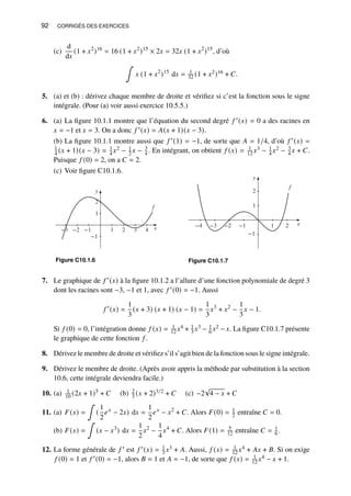 92 CORRIGÉS DES EXERCICES
(c)
d
d𝑥
(1 + 𝑥2
)16
= 16 (1 + 𝑥2
)15
× 2𝑥 = 32𝑥 (1 + 𝑥2
)15
, d’où
∫
𝑥 (1 + 𝑥2
)15
d𝑥 = 1
32 (1 + 𝑥2)16 + 𝐶.
5. (a) et (b) : dérivez chaque membre de droite et vérifiez si c’est la fonction sous le signe
intégrale. (Pour (a) voir aussi exercice 10.5.5.)
6. (a) La figure 10.1.1 montre que l’équation du second degré 𝑓 ′(𝑥) = 0 a des racines en
𝑥 = −1 et 𝑥 = 3. On a donc 𝑓 ′(𝑥) = 𝐴(𝑥 + 1)(𝑥 − 3).
(b) La figure 10.1.1 montre aussi que 𝑓 ′(1) = −1, de sorte que 𝐴 = 1/4, d’où 𝑓 ′(𝑥) =
1
4 (𝑥 + 1)(𝑥 − 3) = 1
4 𝑥2 − 1
2 𝑥 − 3
4 . En intégrant, on obtient 𝑓 (𝑥) = 1
12 𝑥3 − 1
4 𝑥2 − 3
4 𝑥 + 𝐶.
Puisque 𝑓 (0) = 2, on a 𝐶 = 2.
(c) Voir figure C10.1.6.
y
−1
1
2
x
−3 −2 −1 1 2 3 4
f
Figure C10.1.6
y
−1
1
2
x
−4 −3 −2 −1 1 2
f
Figure C10.1.7
7. Le graphique de 𝑓 ′(𝑥) à la figure 10.1.2 a l’allure d’une fonction polynomiale de degré 3
dont les racines sont −3, −1 et 1, avec 𝑓 ′(0) = −1. Aussi
𝑓 ′
(𝑥) =
1
3
(𝑥 + 3) (𝑥 + 1) (𝑥 − 1) =
1
3
𝑥3
+ 𝑥2
−
1
3
𝑥 − 1.
Si 𝑓 (0) = 0, l’intégration donne 𝑓 (𝑥) = 1
12 𝑥4 + 1
3 𝑥3 − 1
6 𝑥2 − 𝑥. La figure C10.1.7 présente
le graphique de cette fonction 𝑓 .
8. Dérivez le membre de droite et vérifiez s’il s’agit bien de la fonction sous le signe intégrale.
9. Dérivez le membre de droite. (Après avoir appris la méthode par substitution à la section
10.6, cette intégrale deviendra facile.)
10. (a) 1
10 (2𝑥 + 1)5 + 𝐶 (b) 2
3 (𝑥 + 2)3/2 + 𝐶 (c) −2
√
4 − 𝑥 + 𝐶
11. (a) 𝐹(𝑥) =
∫
(
1
2
𝑒𝑥
− 2𝑥) d𝑥 =
1
2
𝑒𝑥
− 𝑥2
+ 𝐶. Alors 𝐹(0) = 1
2 entraîne 𝐶 = 0.
(b) 𝐹(𝑥) =
∫
(𝑥 − 𝑥3
) d𝑥 =
1
2
𝑥2
−
1
4
𝑥4
+ 𝐶. Alors 𝐹(1) = 5
12 entraîne 𝐶 = 1
6 .
12. La forme générale de 𝑓 ′ est 𝑓 ′(𝑥) = 1
3 𝑥3 + 𝐴. Aussi, 𝑓 (𝑥) = 1
12 𝑥4 + 𝐴𝑥 + 𝐵. Si on exige
𝑓 (0) = 1 et 𝑓 ′(0) = −1, alors 𝐵 = 1 et 𝐴 = −1, de sorte que 𝑓 (𝑥) = 1
12 𝑥4 − 𝑥 + 1.
 