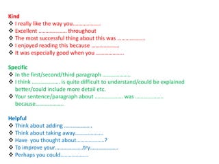 Kind
 I really like the way you………………..
 Excellent ……………….. throughout
 The most successful thing about this was ………………..
 I enjoyed reading this because ………………..
 It was especially good when you ………………..
Specific
 In the first/second/third paragraph ………………..
 I think ……………….. is quite difficult to understand/could be explained
better/could include more detail etc.
 Your sentence/paragraph about ……………….. was ………………..
because………………..
Helpful
 Think about adding ………………..
 Think about taking away………………..
 Have you thought about………………..?
 To improve your………………..try………………..
 Perhaps you could………………..
 