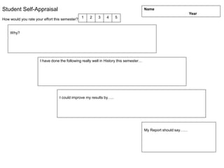 Name
Year
3
2
1
Why?
I could improve my results by…..
My Report should say……
I have done the following really well in History this semester…
4 5
Student Self-Appraisal
How would you rate your effort this semester?
 