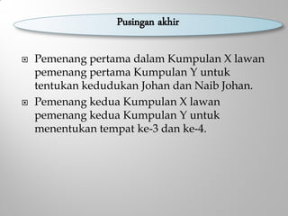  Pemenang pertama dalam Kumpulan X lawan
pemenang pertama Kumpulan Y untuk
tentukan kedudukan Johan dan Naib Johan.
 Pemenang kedua Kumpulan X lawan
pemenang kedua Kumpulan Y untuk
menentukan tempat ke-3 dan ke-4.
Pusingan akhir
 