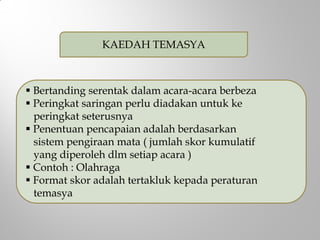KAEDAH TEMASYA
 Bertanding serentak dalam acara-acara berbeza
 Peringkat saringan perlu diadakan untuk ke
peringkat seterusnya
 Penentuan pencapaian adalah berdasarkan
sistem pengiraan mata ( jumlah skor kumulatif
yang diperoleh dlm setiap acara )
 Contoh : Olahraga
 Format skor adalah tertakluk kepada peraturan
temasya
 