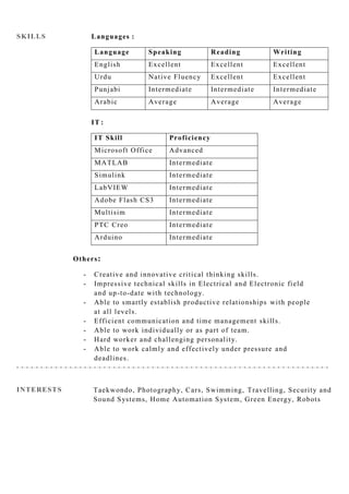 SKILLS
INTERESTS Taekwondo, Photography, Cars, Swimming, Travelling, Security and
Sound Systems, Home Automation System, Green Energy, Robots
Languages :
Language Speaking Reading Writing
English Excellent Excellent Excellent
Urdu Native Fluency Excellent Excellent
Punjabi Intermediate Intermediate Intermediate
Arabic Average Average Average
IT :
IT Skill Proficiency
Microsoft Office Advanced
MATLAB Intermediate
Simulink Intermediate
LabVIEW Intermediate
Adobe Flash CS3 Intermediate
Multisim Intermediate
PTC Creo Intermediate
Arduino Intermediate
Others:
- Creative and innovative critical thinking skills.
- Impressive technical skills in Electrical and Electronic field
and up-to-date with technology.
- Able to smartly establish productive relationships with people
at all levels.
- Efficient communication and time management skills.
- Able to work individually or as part of team.
- Hard worker and challenging personality.
- Able to work calmly and effectively under pressure and
deadlines.
 